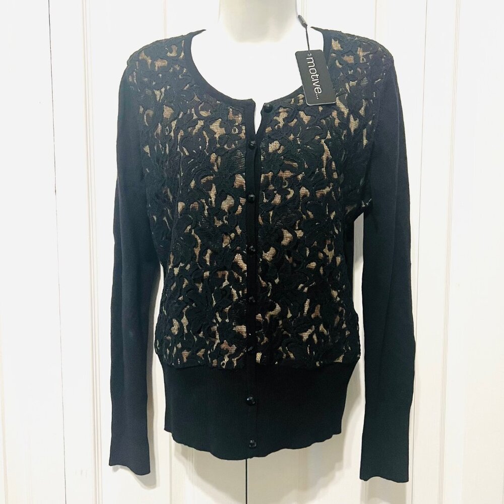 Motive-NWT-Women's Sz. Med-Black Lace/Leopard Print Button Up Cardigan Sweater